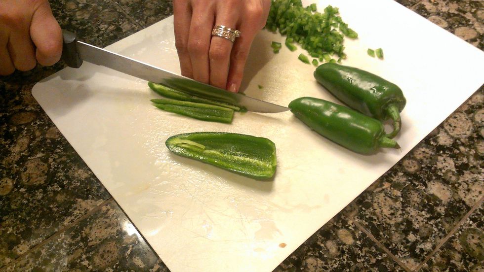 Dice jalapenos, leave more seeds in for more spice if you want to.