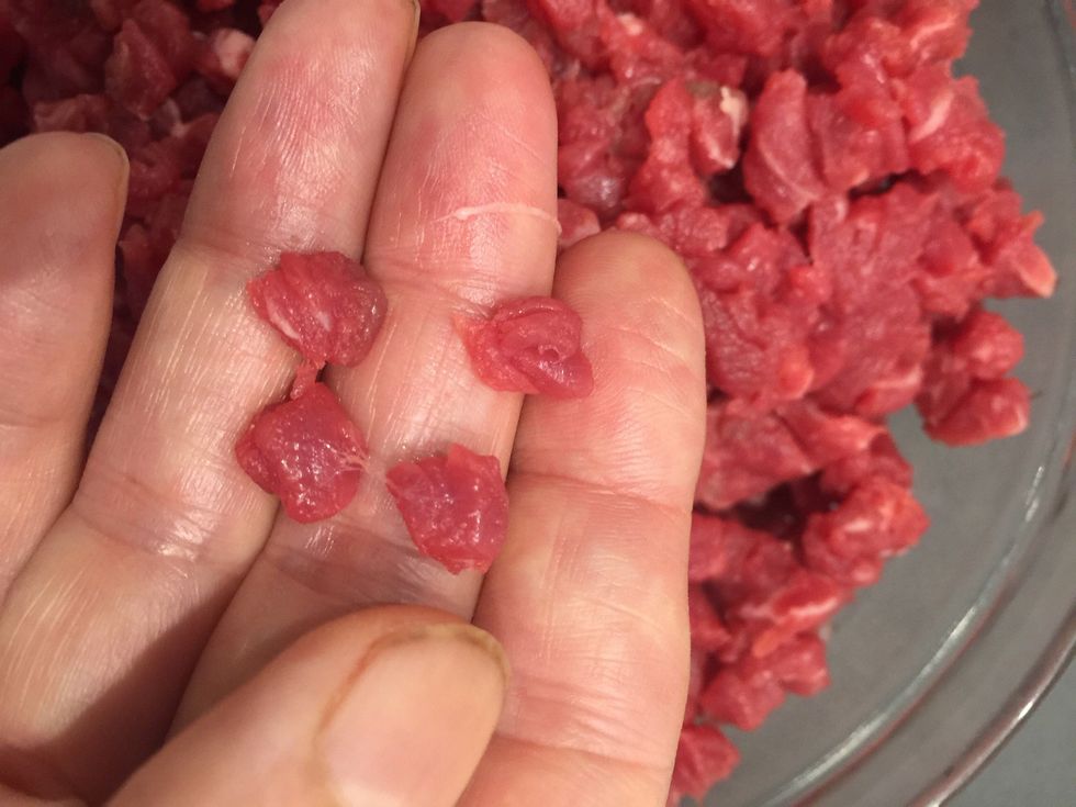 Dice meat. It is important to use Beef filet steak