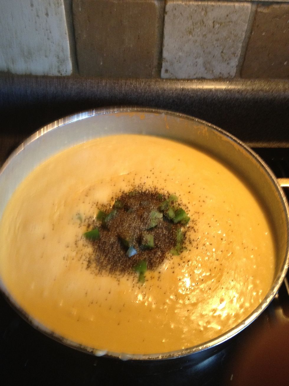 Dice onion and green pepper and whisk in with dry spices