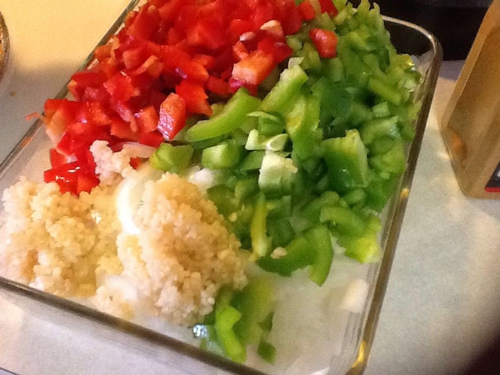 Dice onion, red and green bell pepper and garlic. Add to roux.
