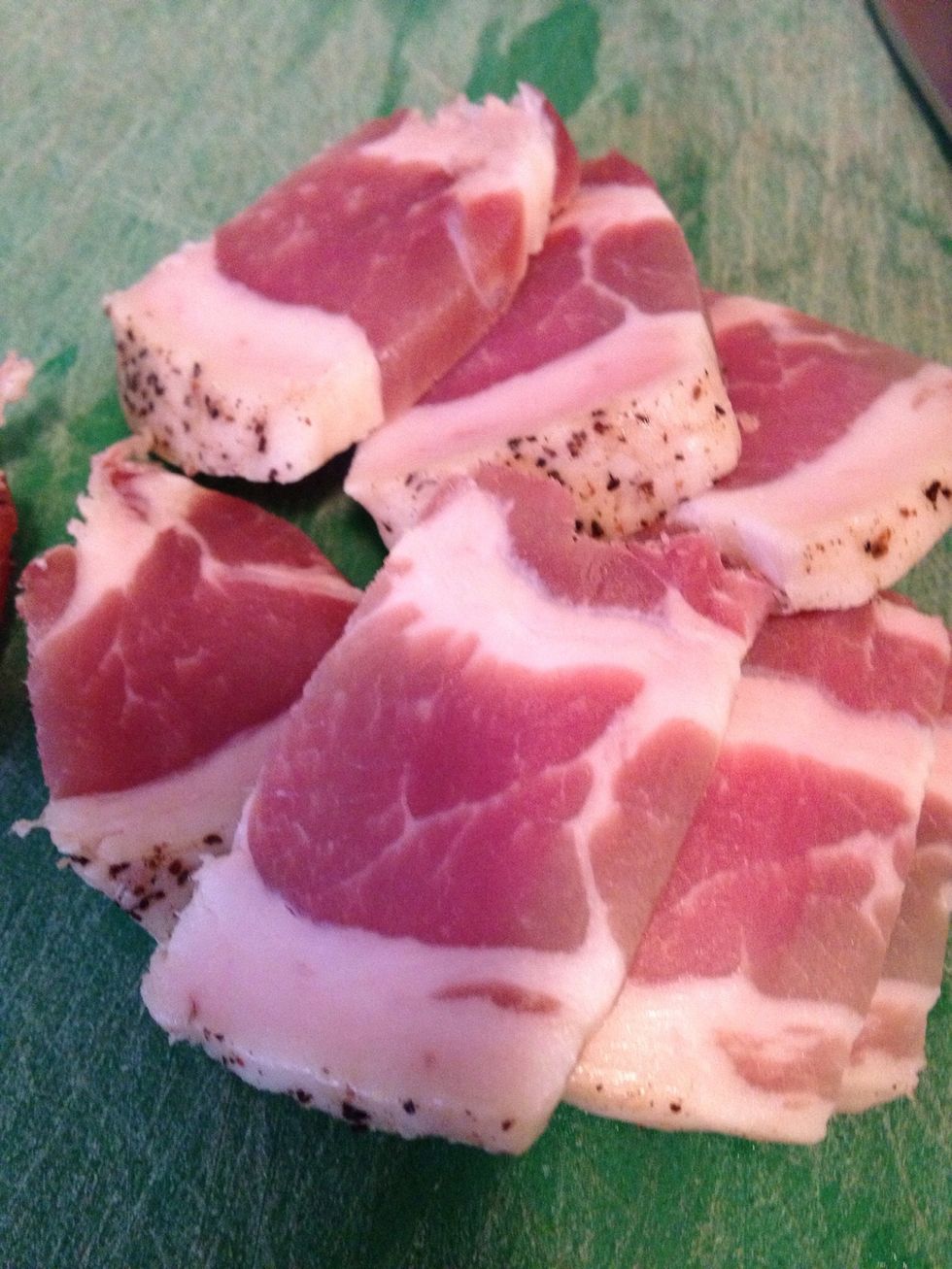 Dice pancetta. I use just a few pieces to add flavor but you can use more if you want pancetta to really stand out in your dish (or none at all if you're not into pork).