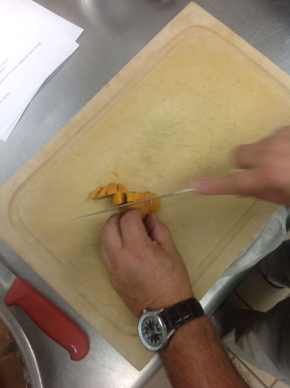 Dice peaches into cubes and add to batter.