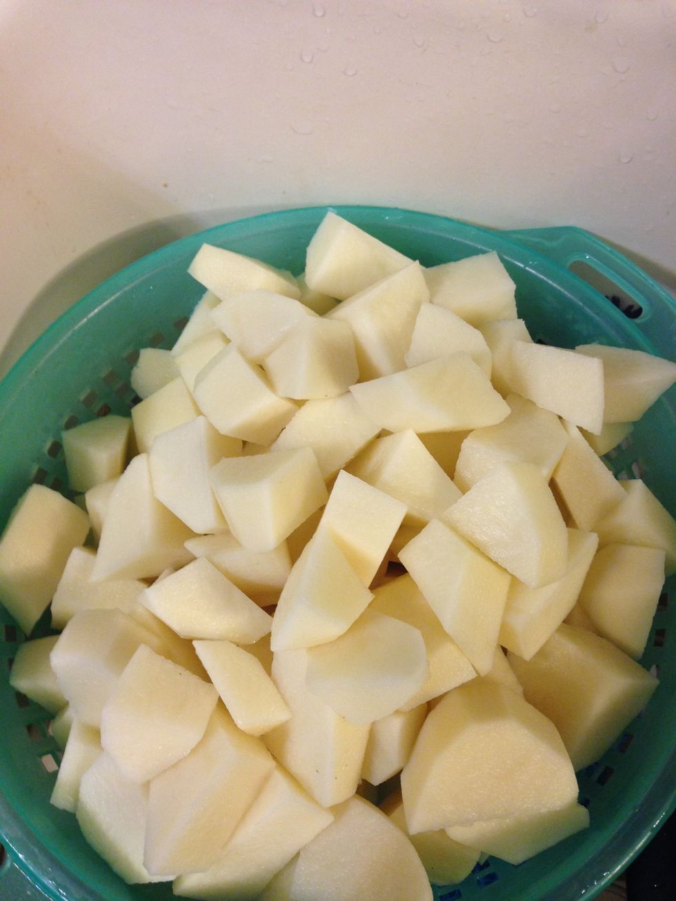 Dice potatoes, put in pot of water,bring to a boil, add salt and cook until tender.