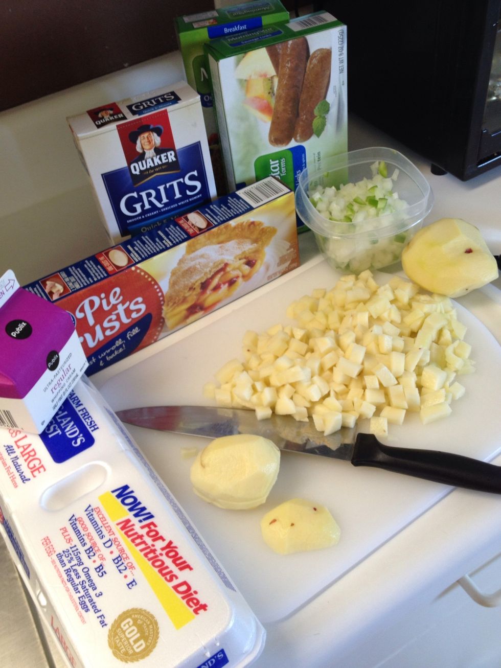 Dice red potatoes, onions and bell pepper.