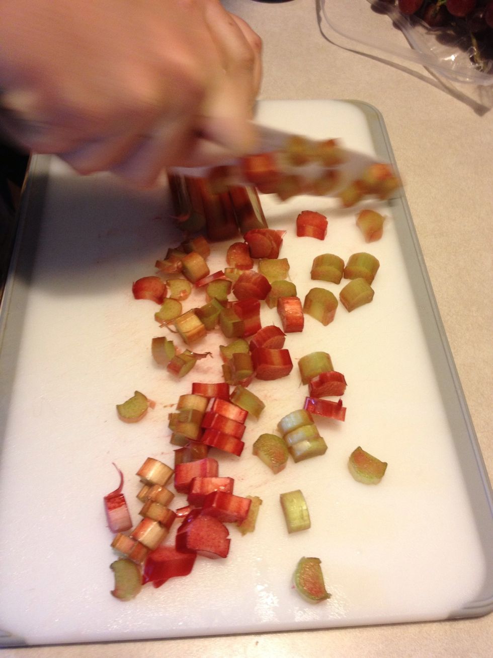 Dice rhubarb into 1/4 inch pieces.