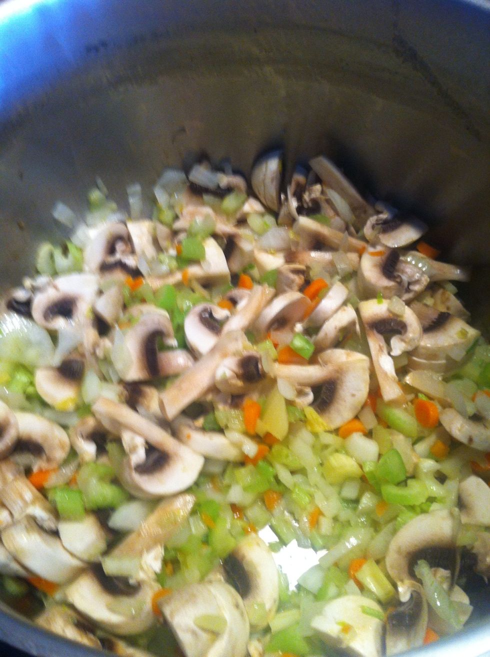 Dice some onion, celery and carrots. Chop mushrooms and put in a pan with very little oil. Let them sweat and then caramelize. This could take 20 minutes.