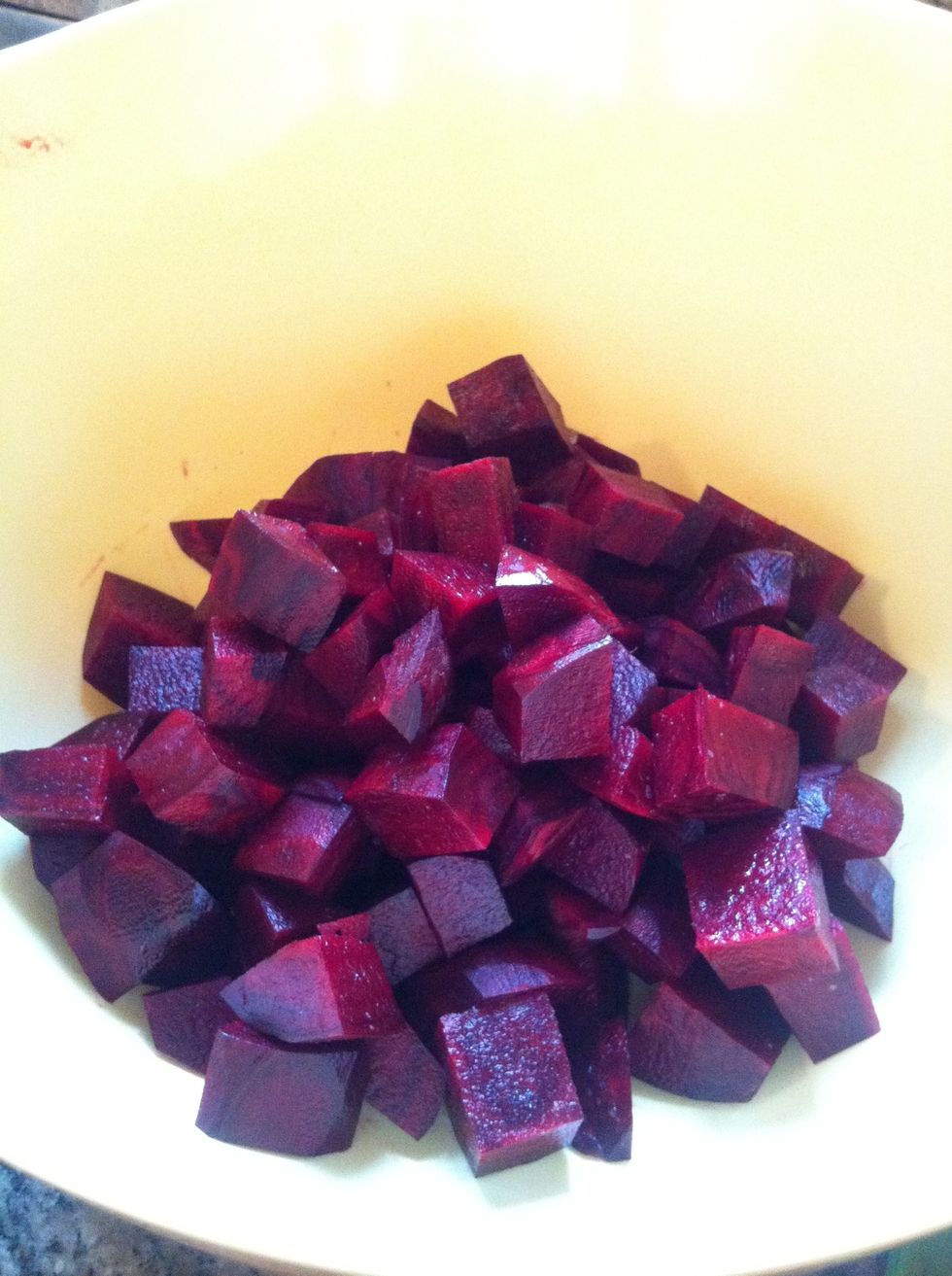 Dice the beets into approximately 1" pieces, coat with oil (approx 2 tbsp), salt and pepper to taste. Place in single layer on a foil covered cookie sheet.