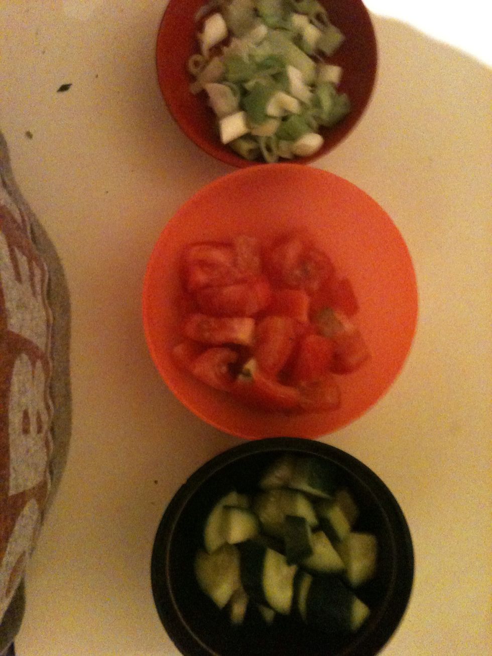 Dice the cucumber, tomato, capsicum and avocado. Also chop up the spring onion and herbs