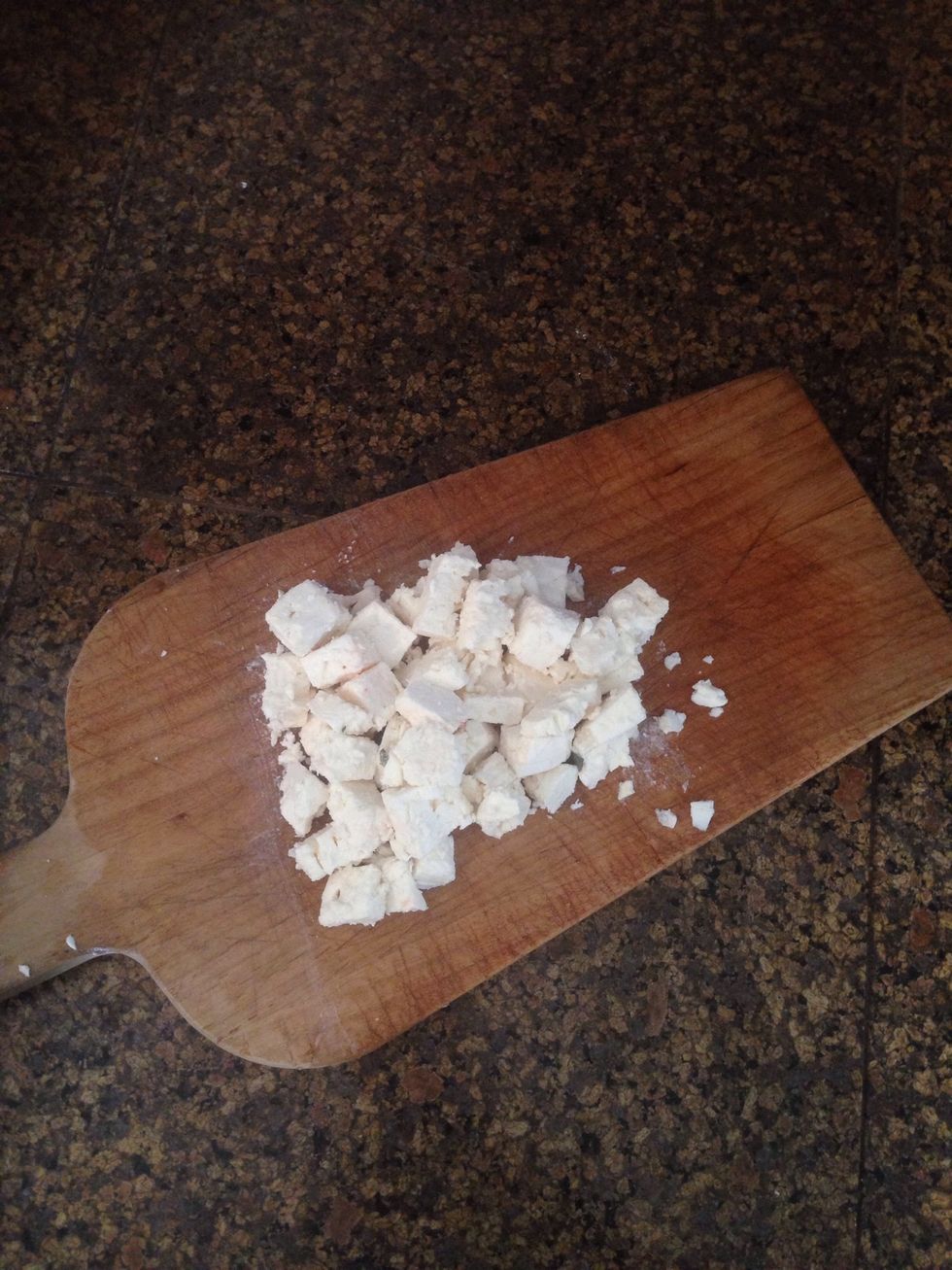 Dice the Feta inch cheese into 1/2 inch cubes. The feta cheese cubes should be half the size of the watermelon.