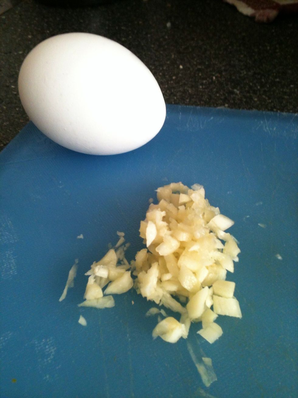 Dice the garlic whilst the egg watches on. Chop the green onion and put aside with garlic. ( haha I totally forgot to add the green onion to this batch. Whoops! )