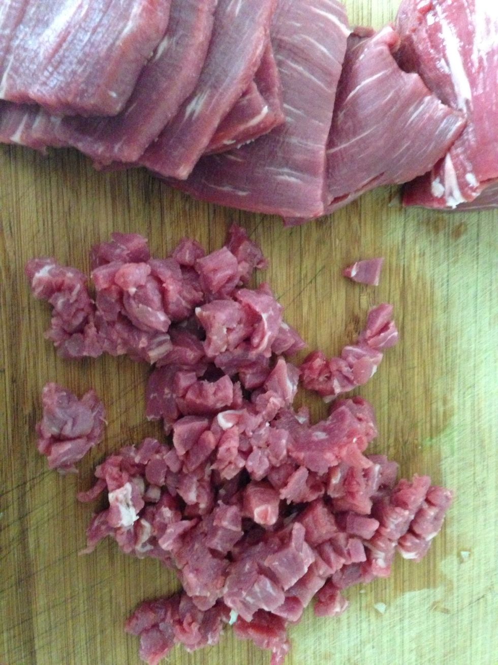 Dice the meat. Here I am using filet steak. For the stew meat cubes have to b smaller. Or use a machine. Also you can buy already minced beaf or lamb.. Personal taste