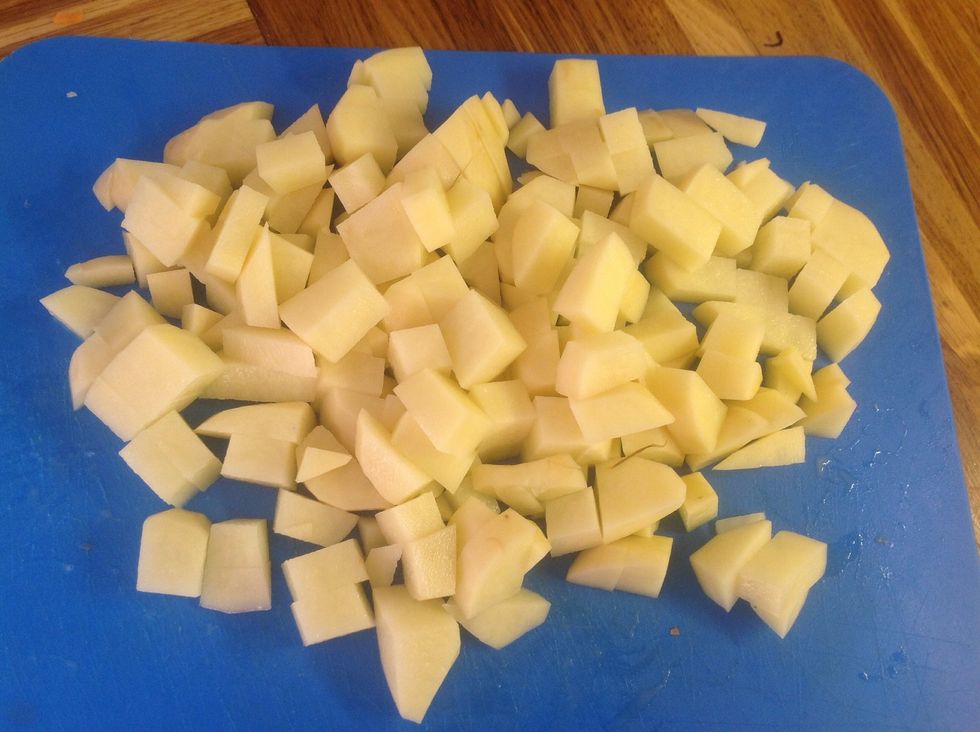 Dice the potatos, roughly the same size as the vegetables.