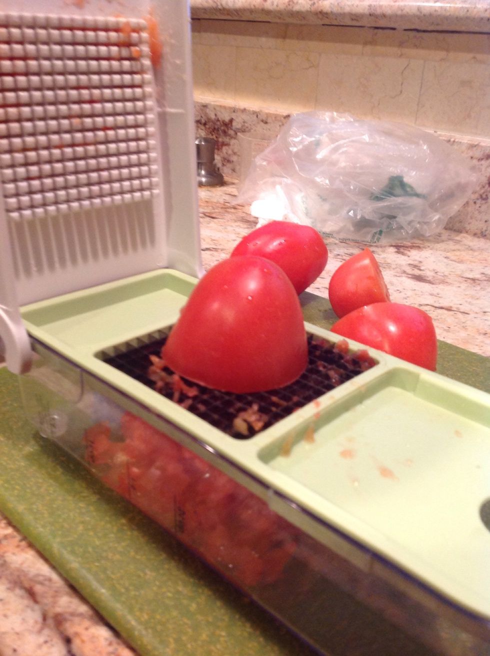 Dice them into small salsa-size chunks.  I use a chopper.