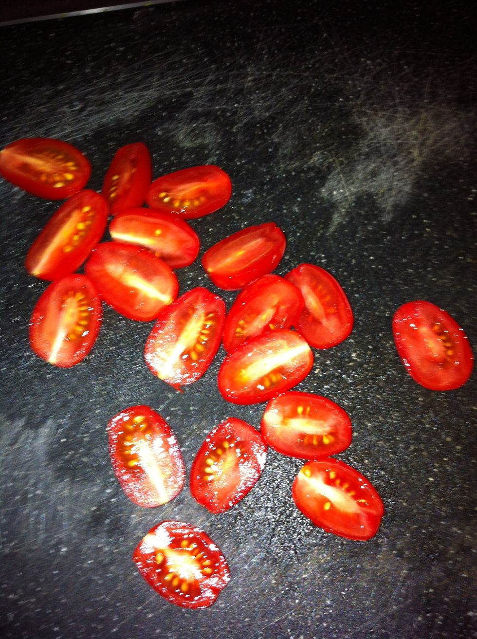 Dice tomatoes and add to bowl, I am using cherry tomatoes, my favorite, this is all a guideline, feel free to add as much or little of these ingredients as you wish, it'll still be delicious!