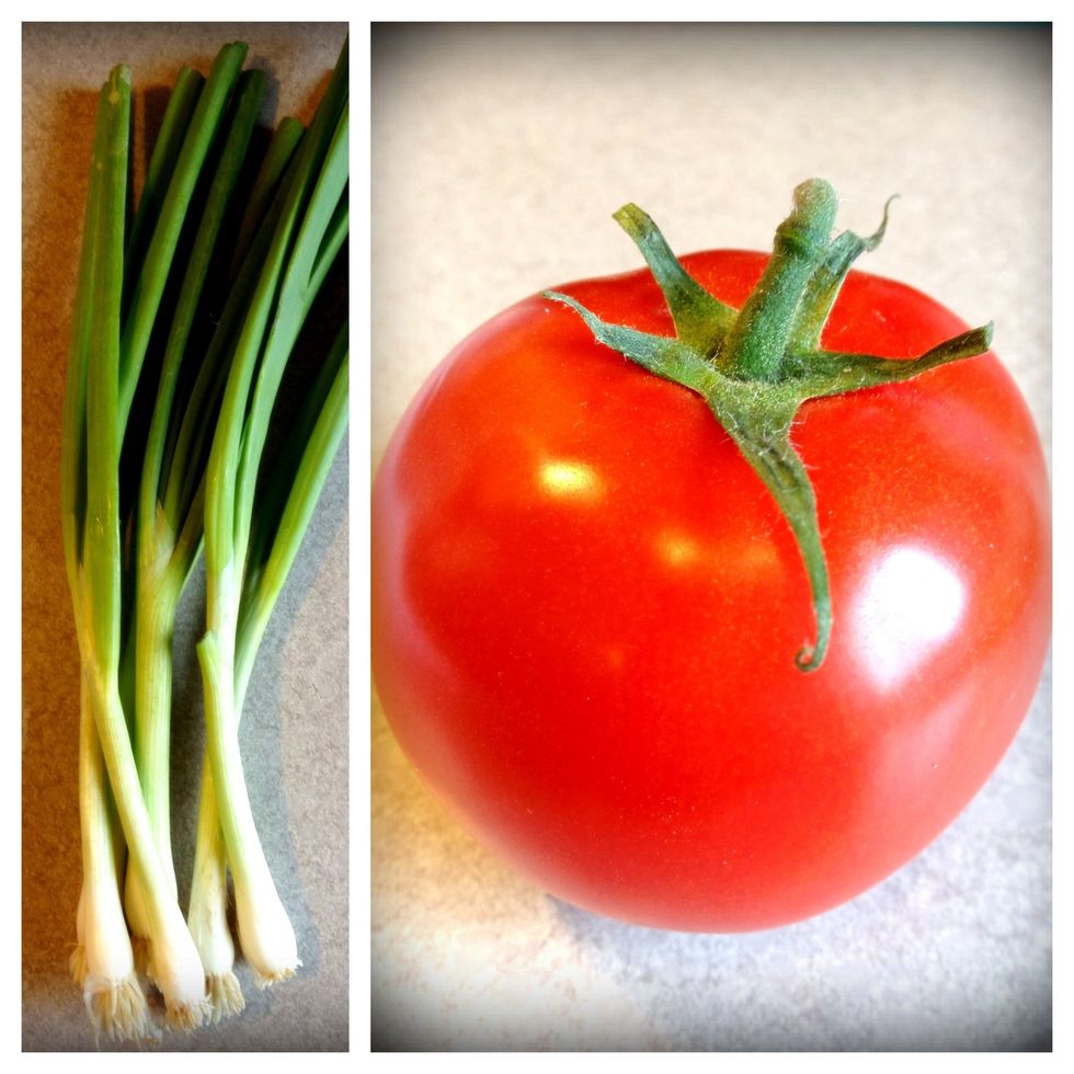 Dice two green onions and half of the tomato.