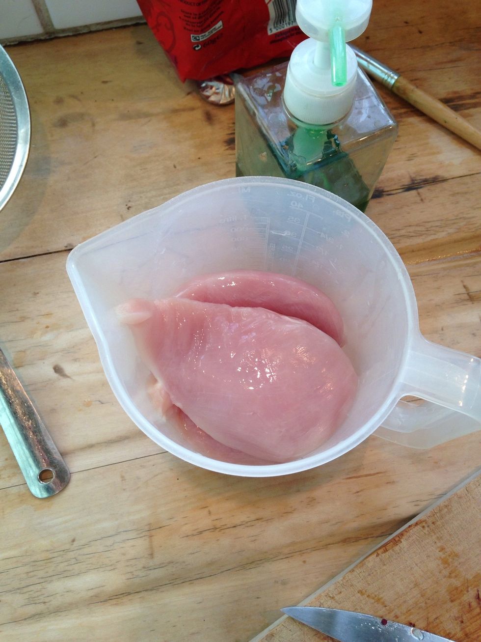 Dice up about 400g of chicken or 4 fillets