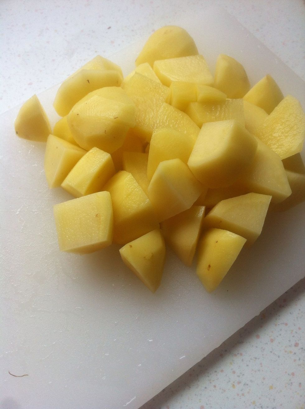 Dice up potatoes and fry them. You can also use potato chips. I like it better with the chips too,unfortunately, i couldn't find mine when i need them