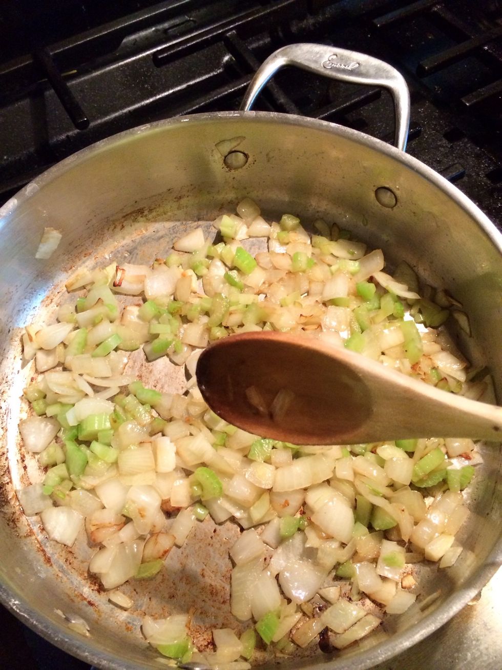 Dice up the celery and mix. Allow to cook to liking of crunch. Then pour into the simmering broth till ready.