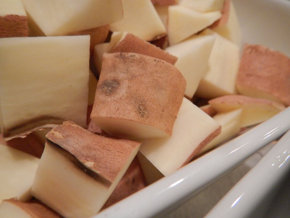 Dice up those sweet potatoes, keeping the skin on
