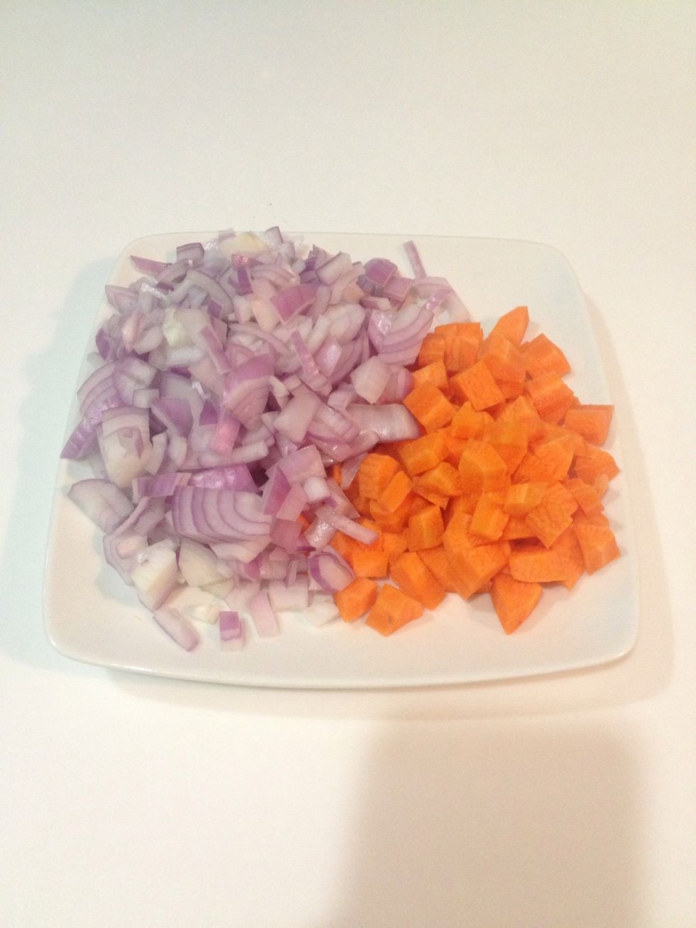 Dice your carrot and onions.