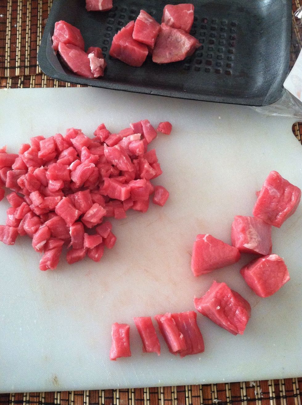 Dice your meat, in this case beef...