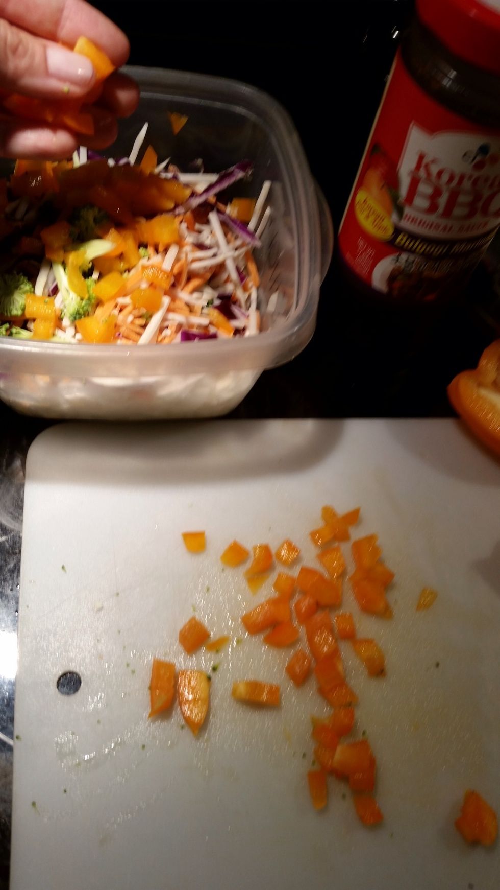 Dice your pepper, I'd say for two people you only need a half of a pepper. Again you can use whatever one you choose, green, red, or orange.