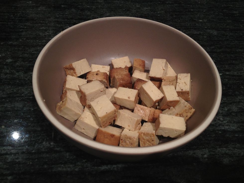 Dice your tofu into small pieces. I used Wildwood Organics baked savory tofu. You can use any baked tofu you have around, or regular plain tofu.