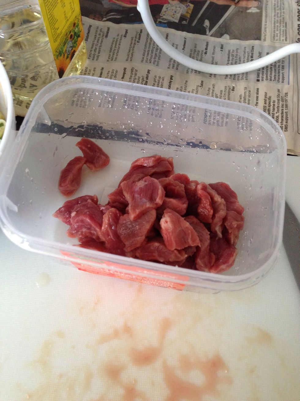 Diced beef. Cook until half cooked