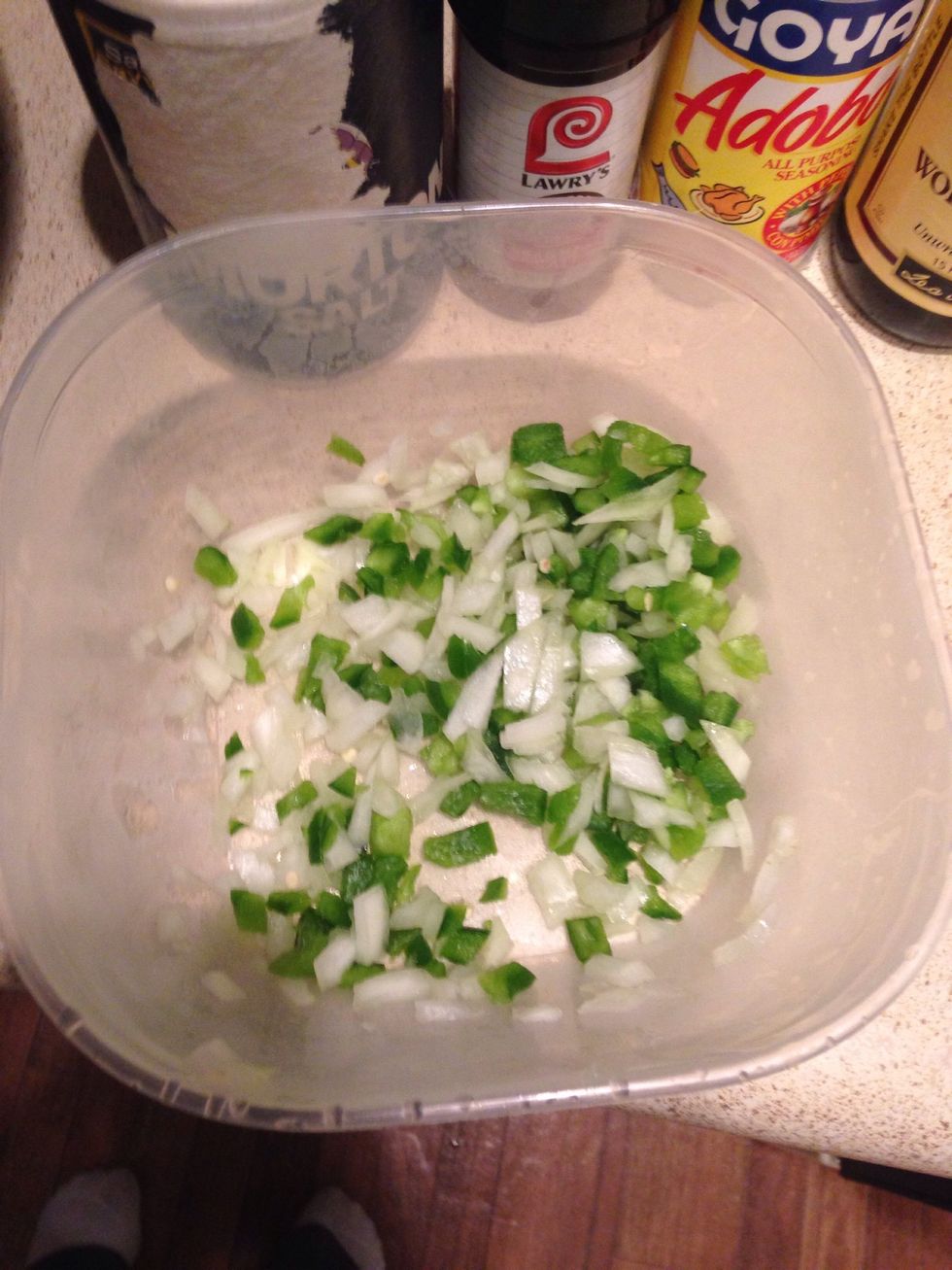 Diced onion and green pepper this is one half onion and about 1/4 of a green pepper