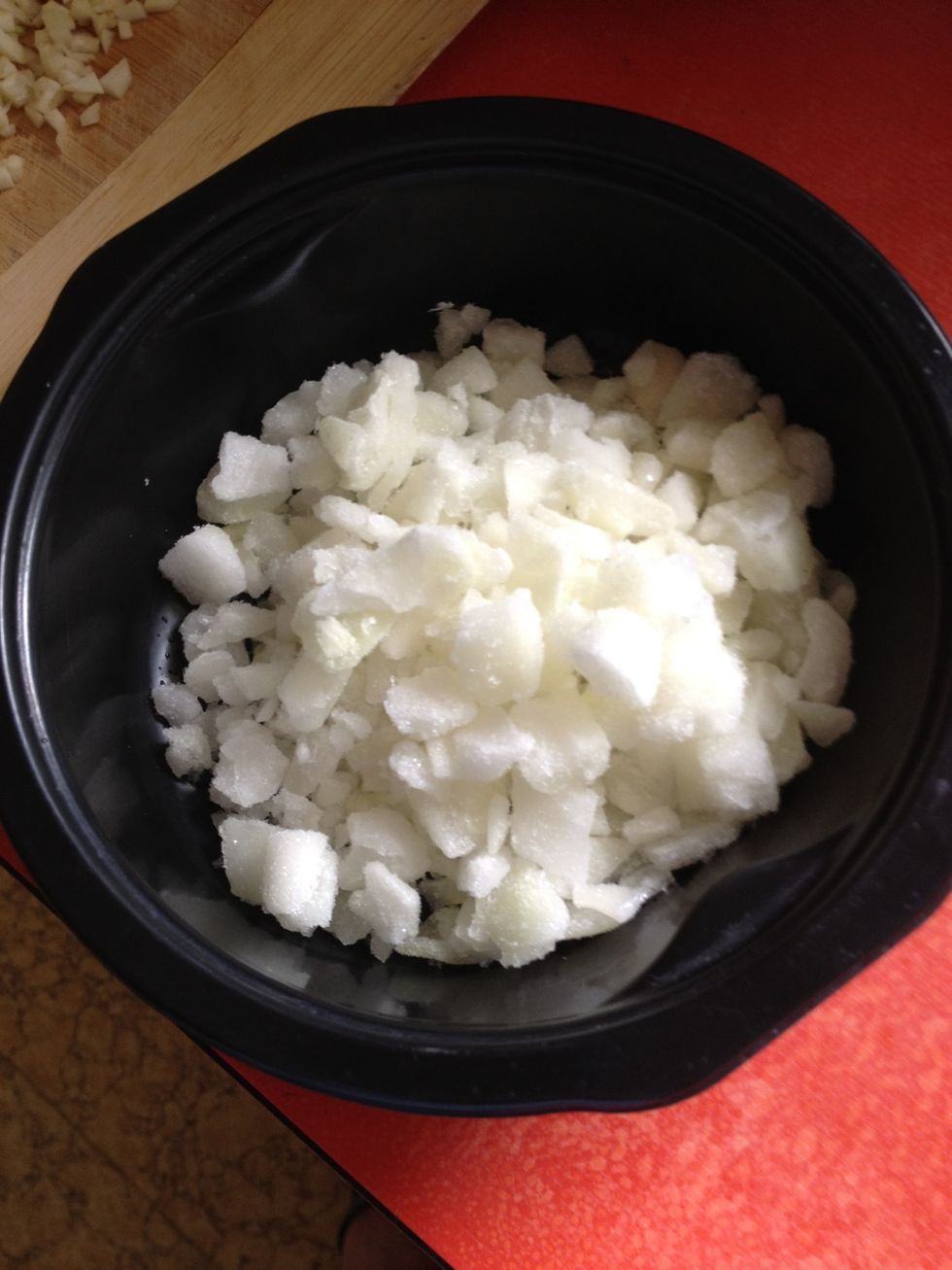 Diced your onions. I used frozen ones here.