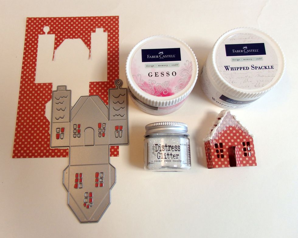die cut a small house and use these materials to make a snowing house