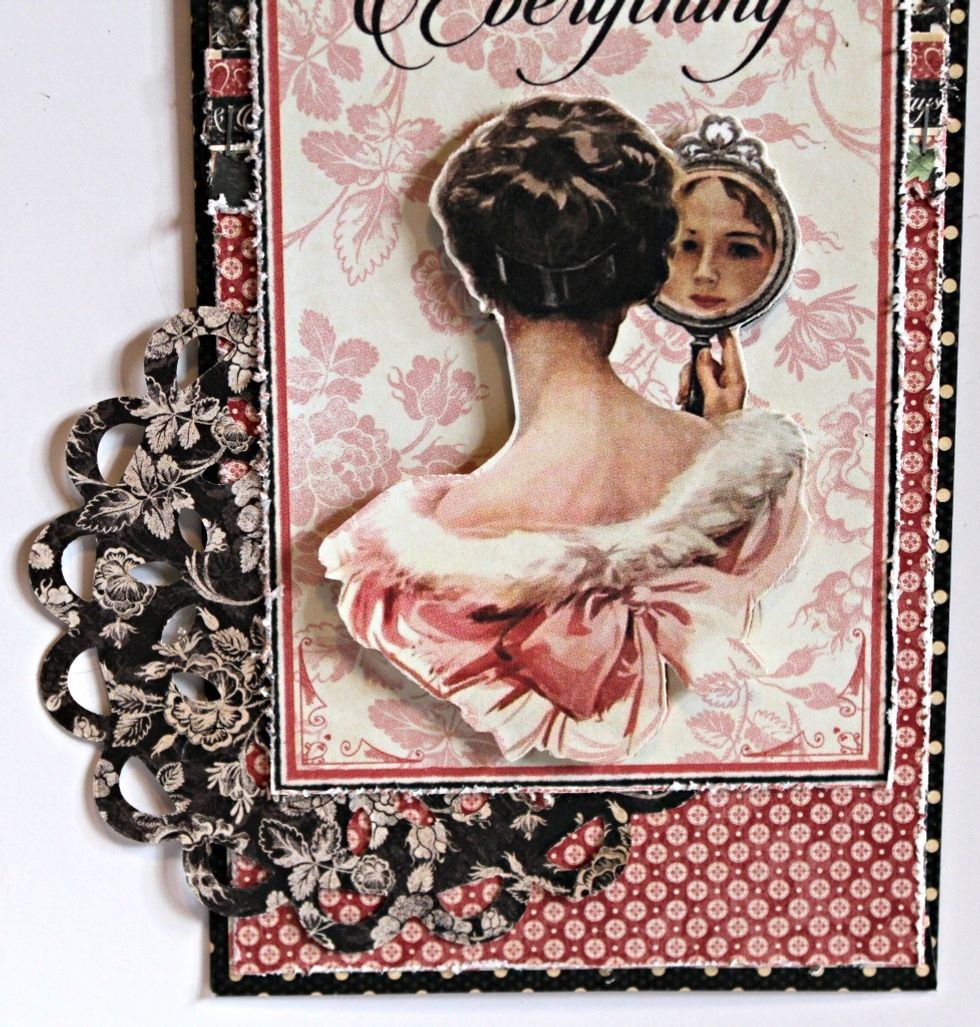 Die cut a third doily from pattern paper. Add to last envelop along with a distressed journal image. Fussy cut as second image and place on top of journal piece with pop dots.