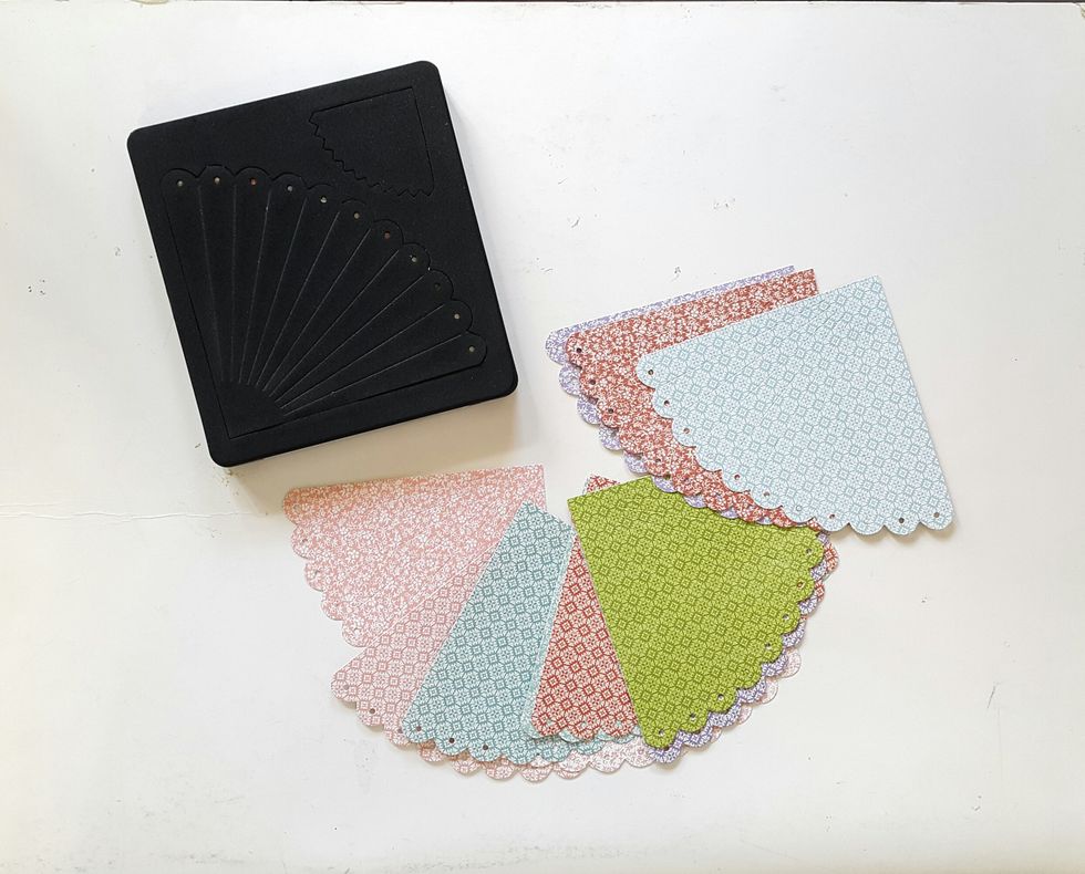 Die cut cone shapes, as many as you like, using Graphic 45 Time to Flourish 8x8 Paper Pad