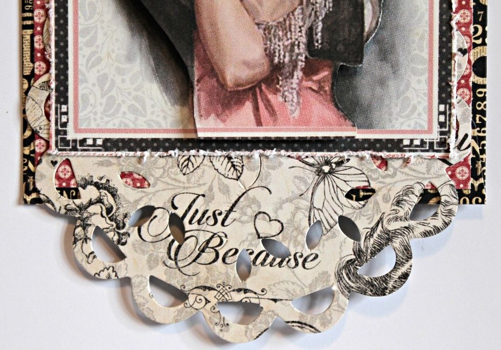 Die cut doily from pattern paper; adhere at bottom of prepared envelop.
