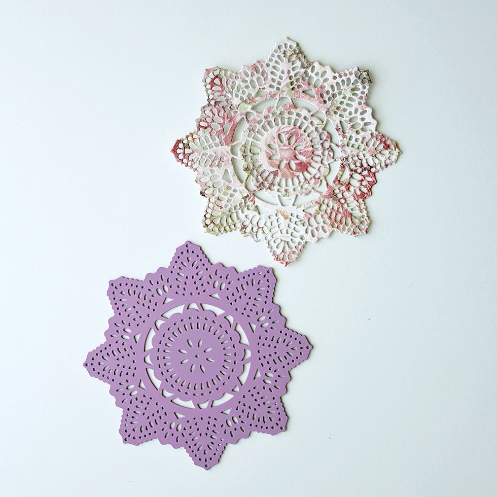 Die-cut doily from the floral paper in the paper pad with a Prima doily die. Ink edges with Old Rose ink.
