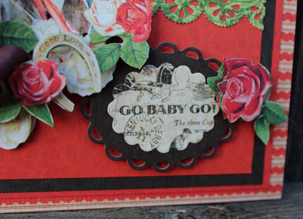 Die cut "Go Baby Go" and pattern paper; layer together. Add to front of card with 3 Foam Dots.