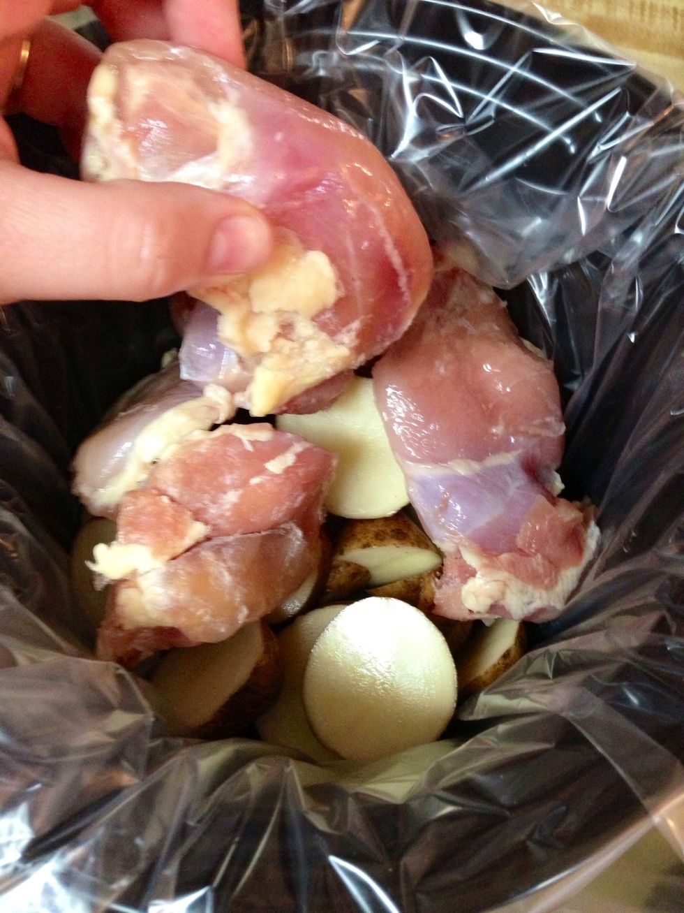 DIJON CHICKEN & POTATOES (no recipe) slice 4 potatoes and put them in the bottom of the crockpot. Then place 4 chicken pieces on top (I used thighs). Salt and pepper the chicken.