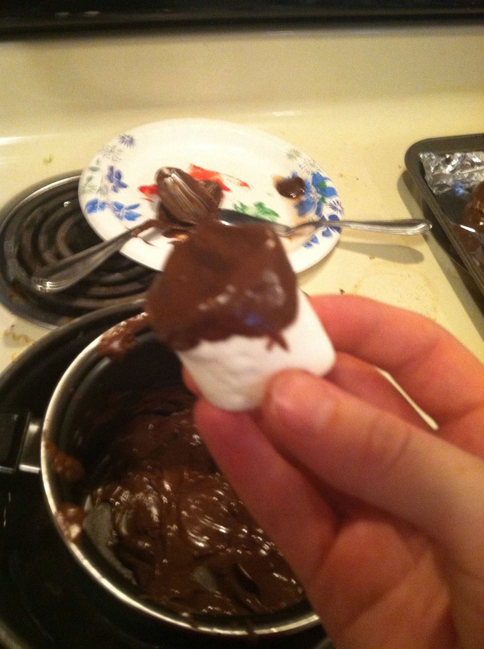 Dip an end of a marshmallow in the chocolate.