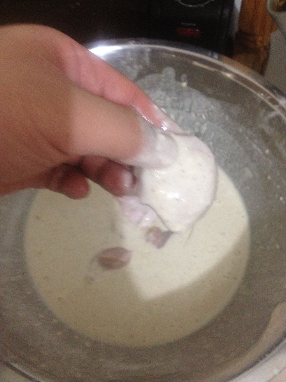 Dip chicken cubes in the batter