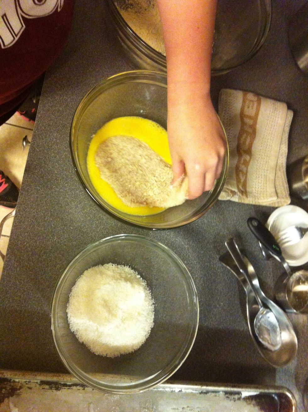 Dip chicken in egg covering both sides