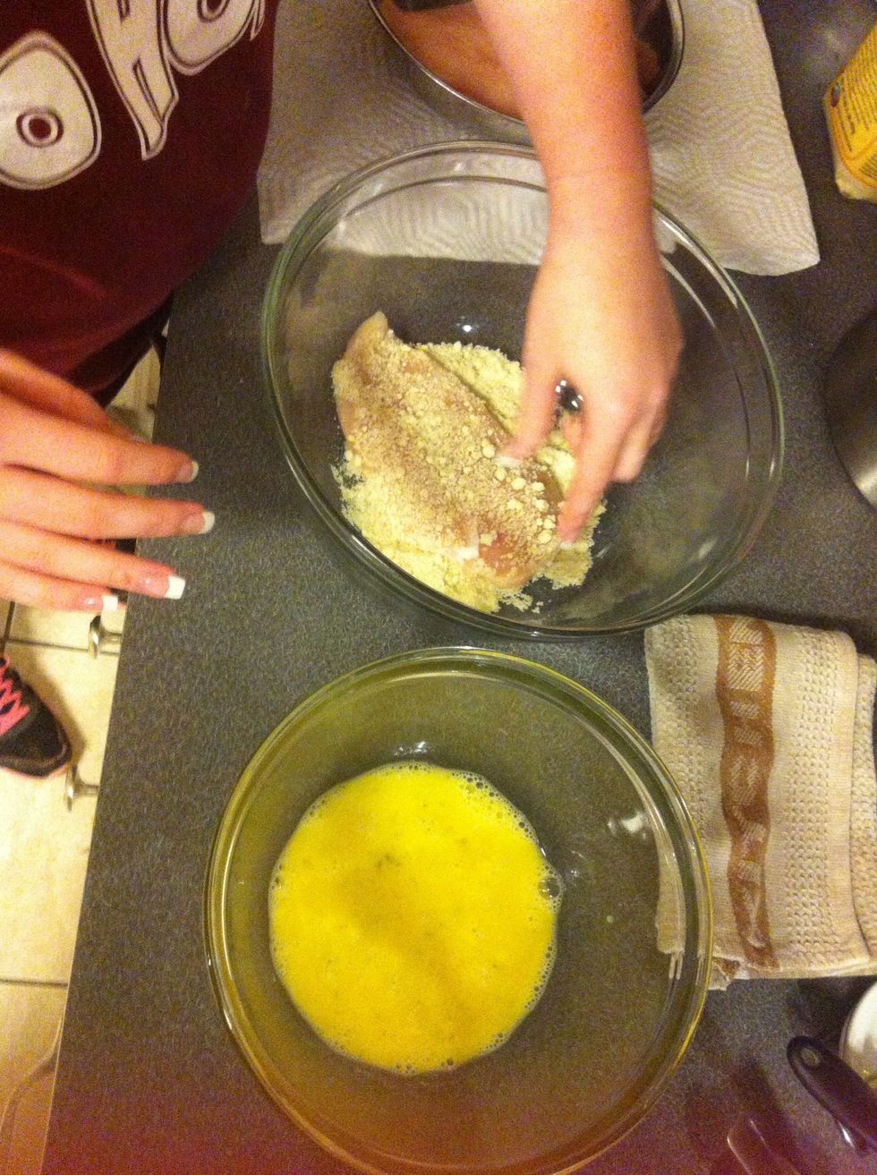 Dip chicken in the flour covering both sides