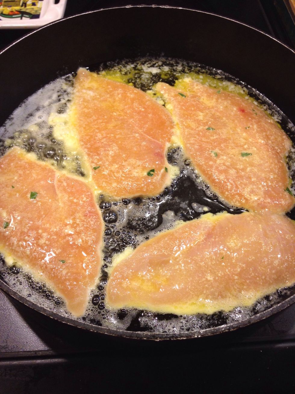 Dip chicken into mixture and cook on each side for about 5-6 minutes