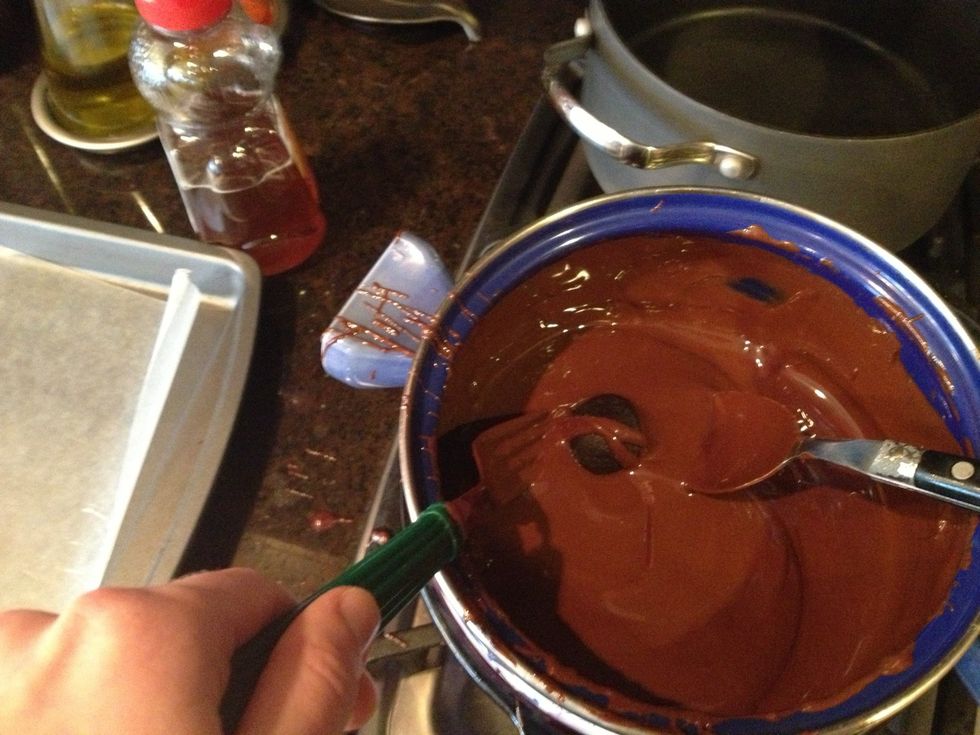 Dip each truffle in the melted chocolate. Roll it around so it is completely covered, let the excess drip off, then move to a cookie sheet with wax paper.