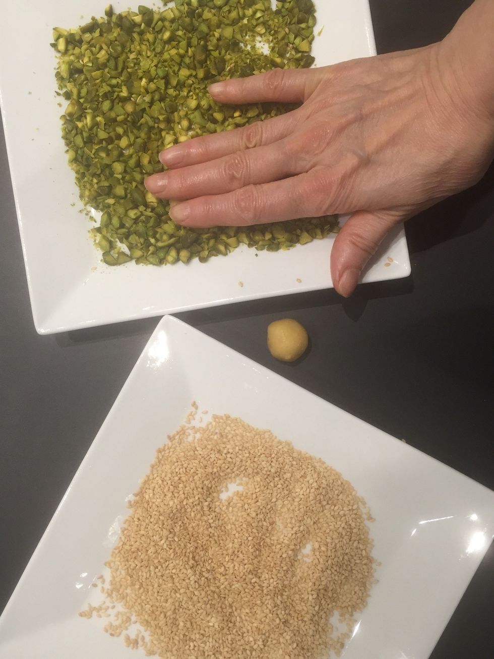 dip it in the pistachios with a little pressure