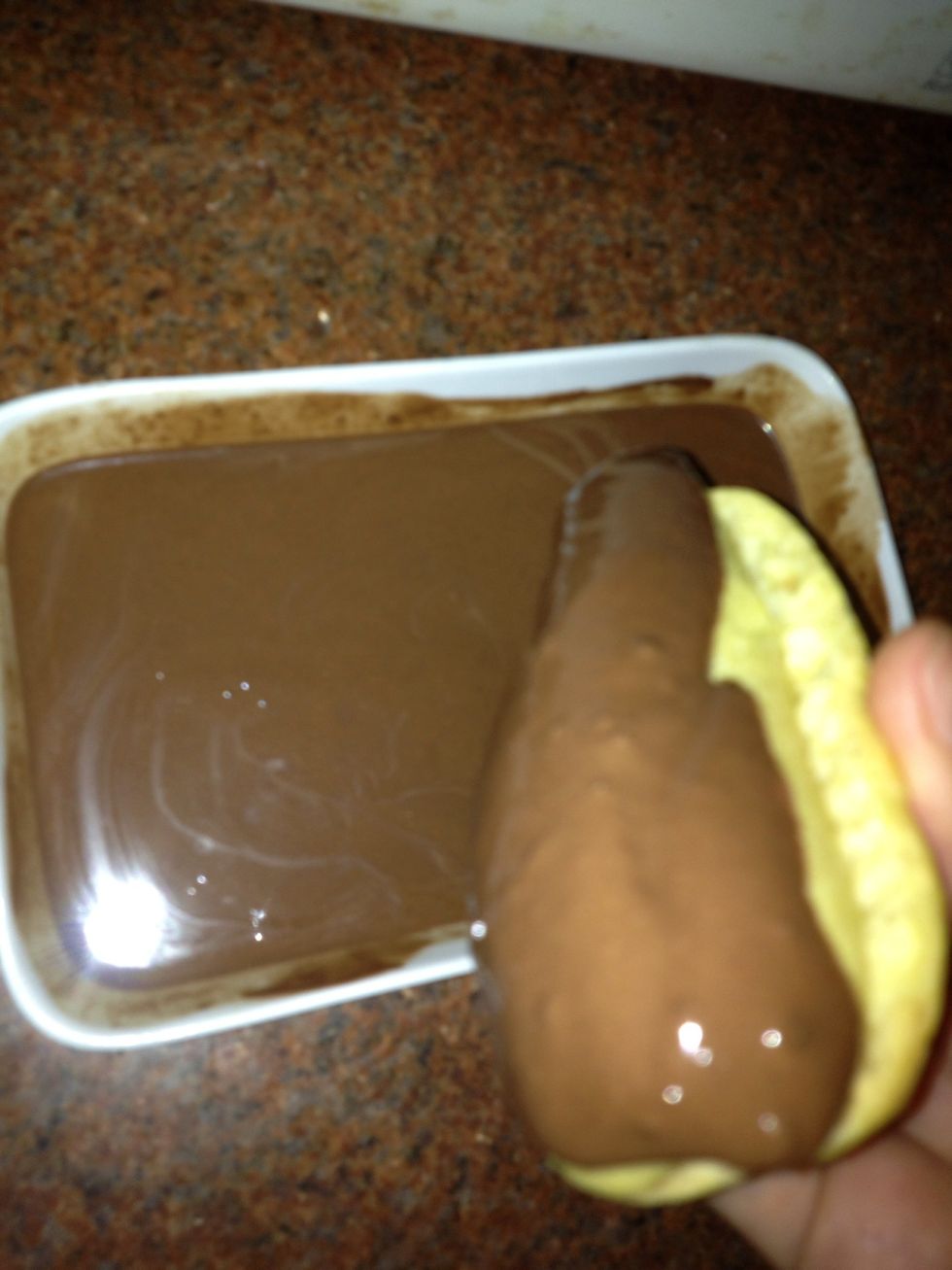 Dip it like this , i think caramel and white choclate will be yummy also