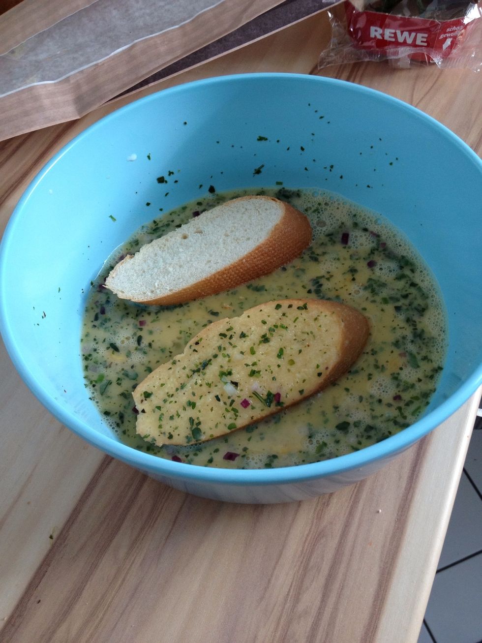 Dip the baguette slices in the egg mix...