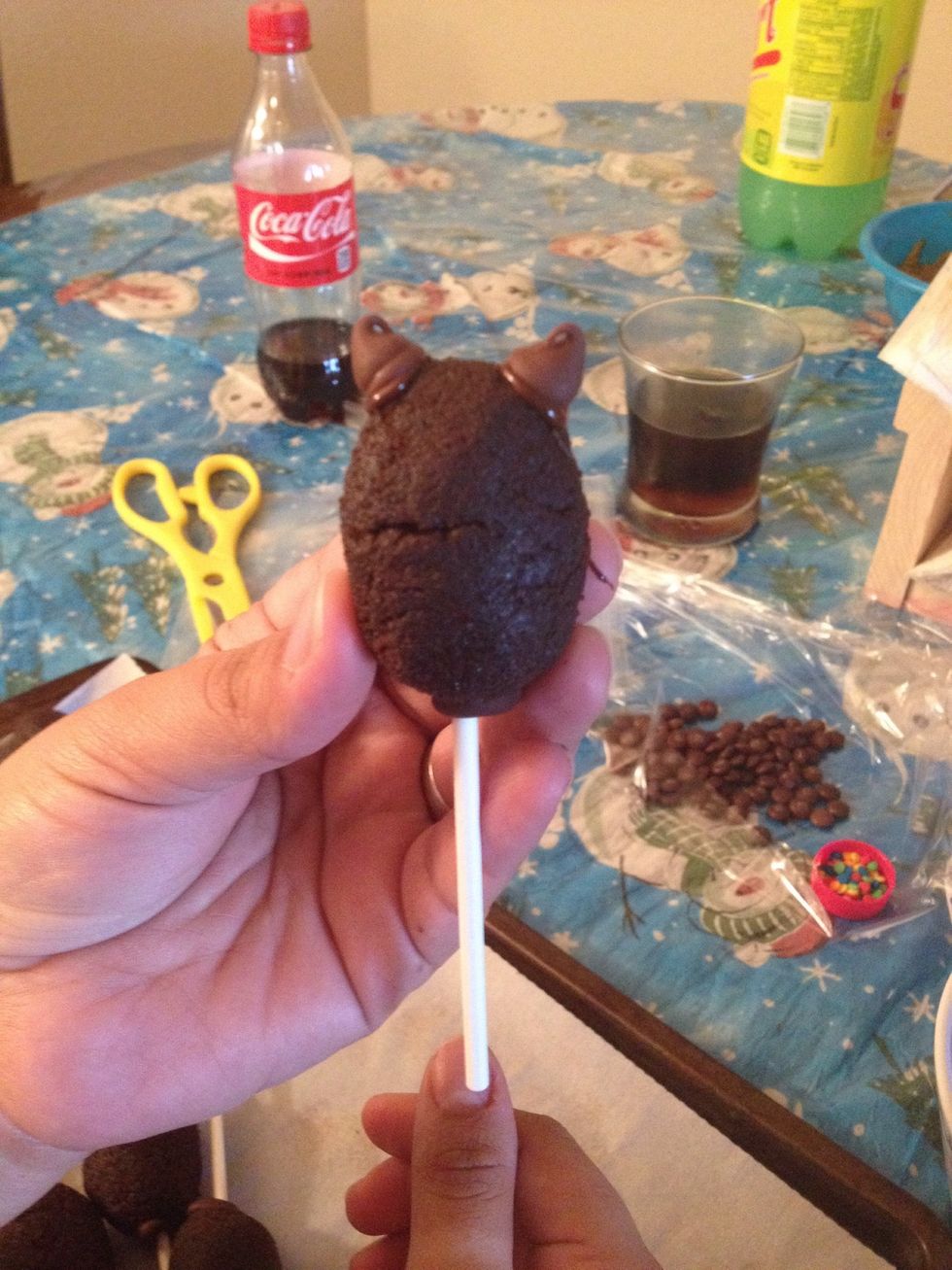 Dip the bottoms of two chocolate chips into the melted candy coating, and attach them to the front top of the head for "ears". Place in the Styrofoam block to dry.
