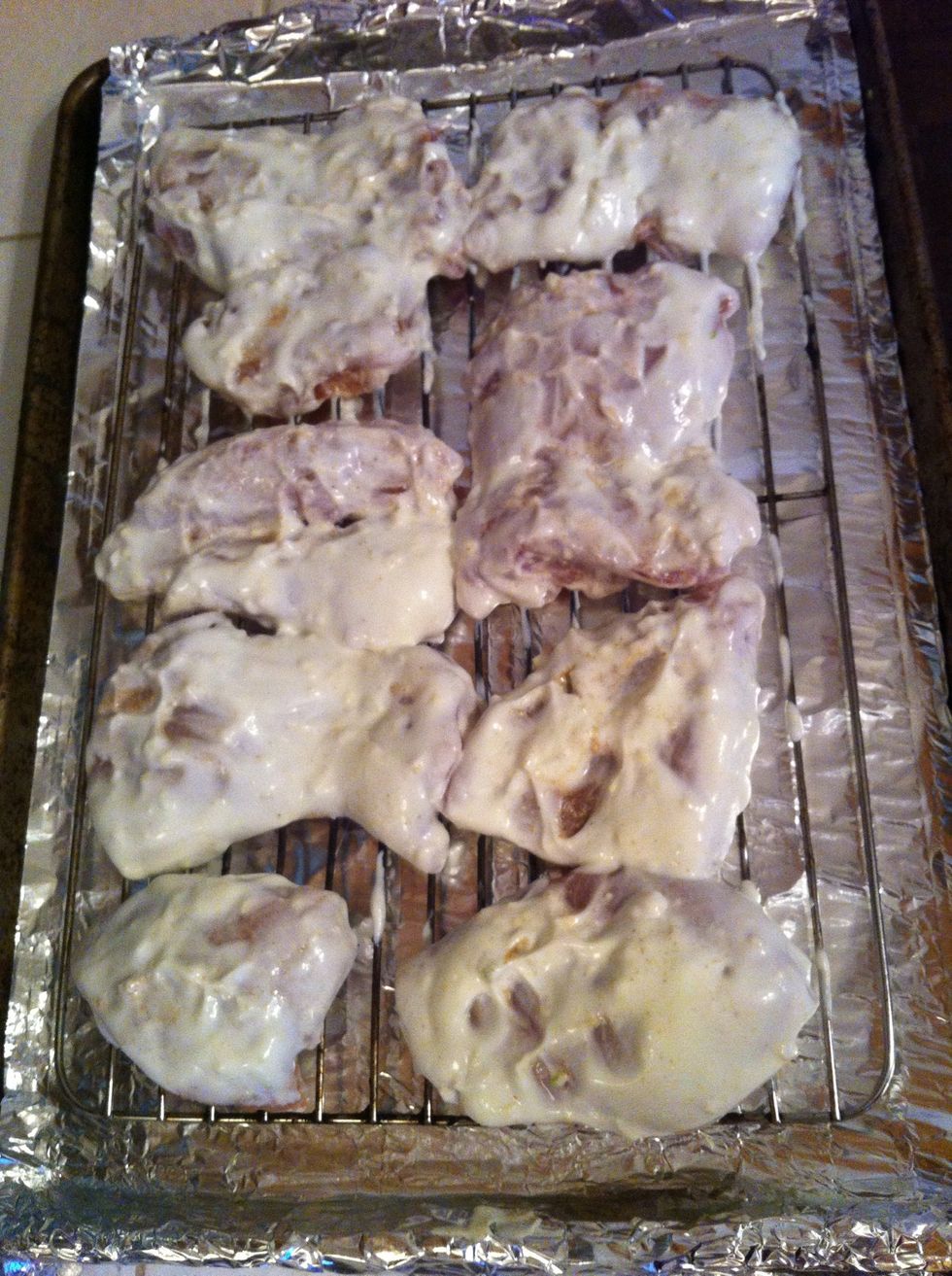 dip the chicken in the yogurt mixture on both sides. really get it on there. (you can keep the extra yogurt mixture for when you flip them but throw out any extra cause it's all gross and chickeny.)