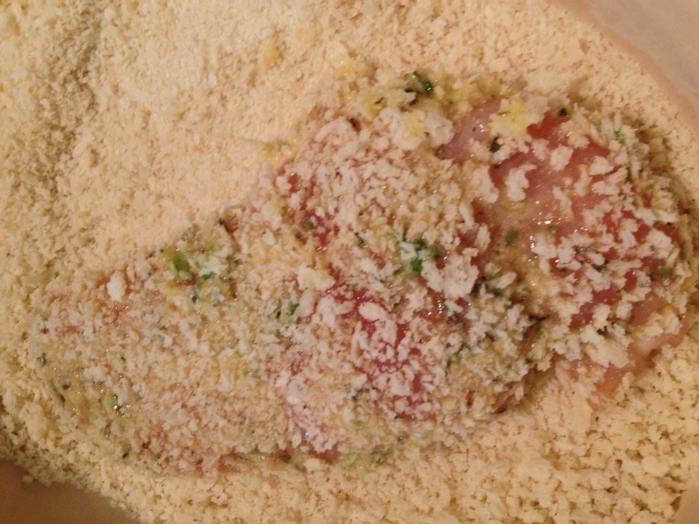 Dip your chicken into the egg bath and then to the Panko breading. Repeat if you want a thick crust.