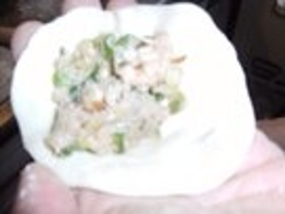 Dip your finger in water and trace around the gyoza wrapper. Place a teaspoon of mixture and fold
